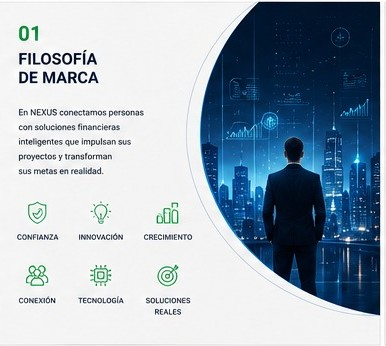 Filosofía de marca NEXUS con ciudad tecnológica.